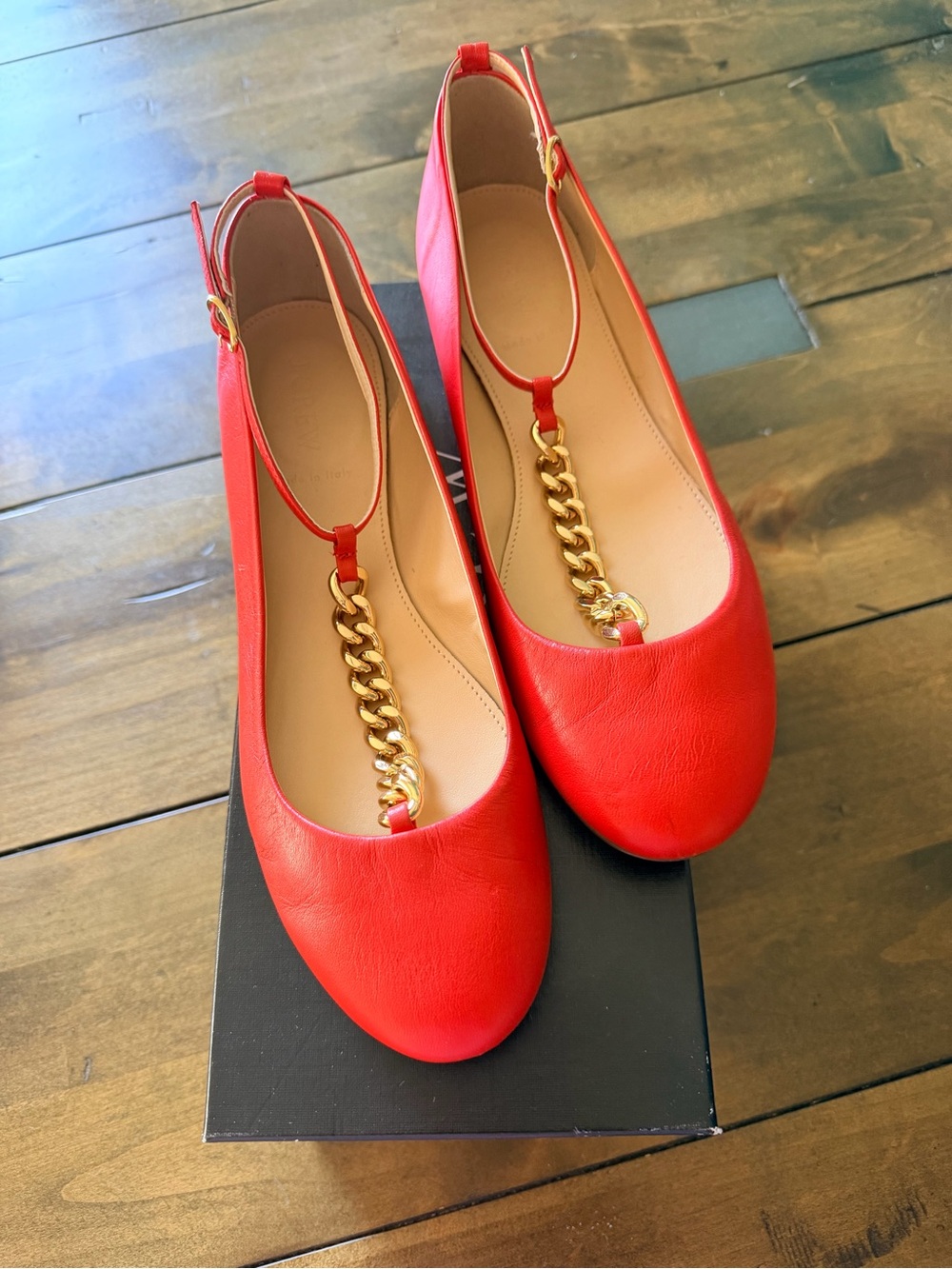 Rich Red/Orange Chain-Detail T-Strap Flats J Crew made in Italy size 8.5